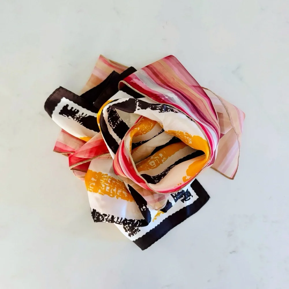 BUNDLE (2) Retro Print Scarves: Sheer Pink Stripe & Art Stripe (Mustard & Black)